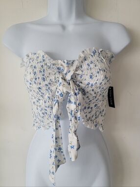 New Look White Floral Tie-Front Smocked Crop Top Siz L